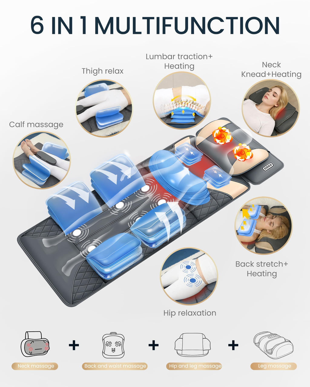 Full Body Massage Mat with Heat, Adjustable Lumbar Traction, Detachable Neck Shiatsu Roller, Airbag Compression, Vibration Massage Pad I47333
