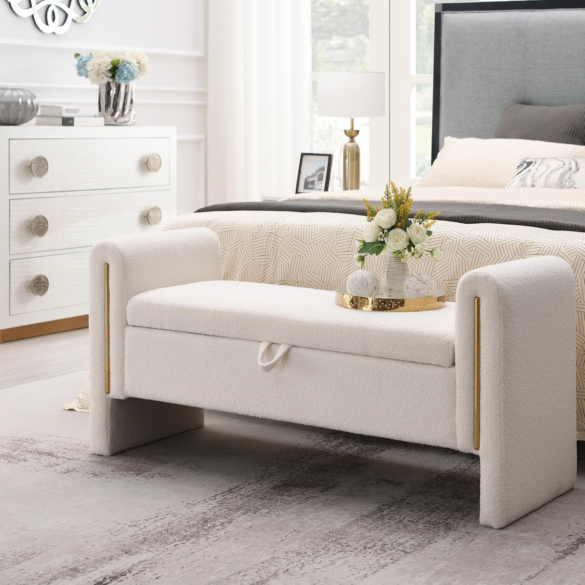 White Upholstered Storage Ottoman T895330
