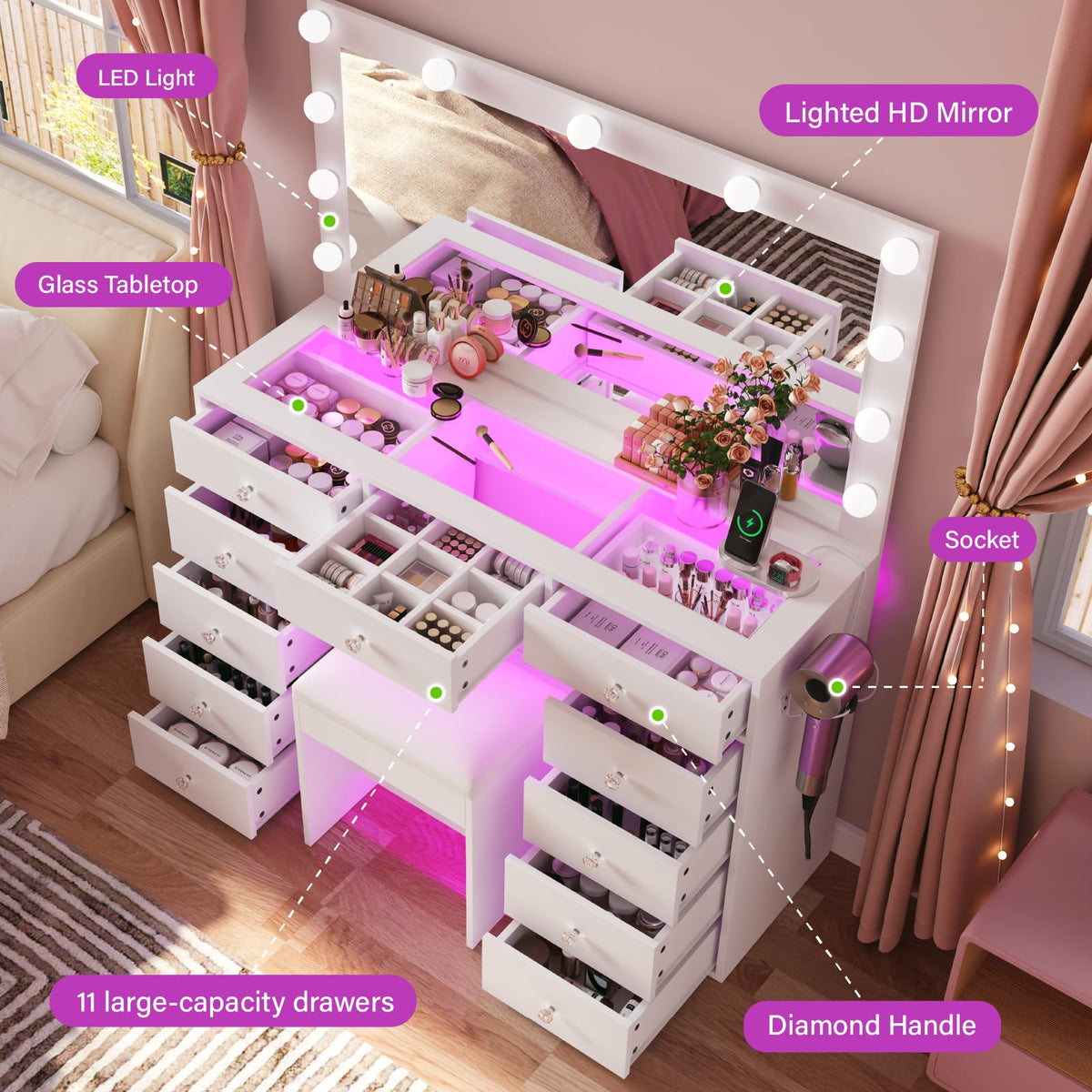 45" Large White Vanity Desk with RGB Lighting B6361
