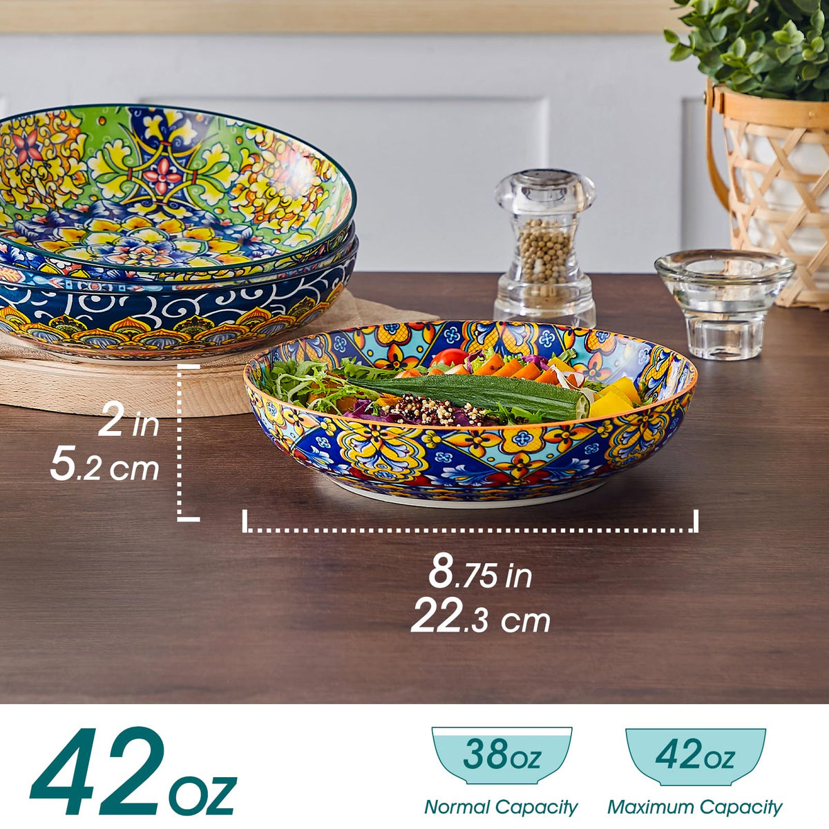Pasta Bowls Set of 4, 42oz Ceramic Serving Bowls F761