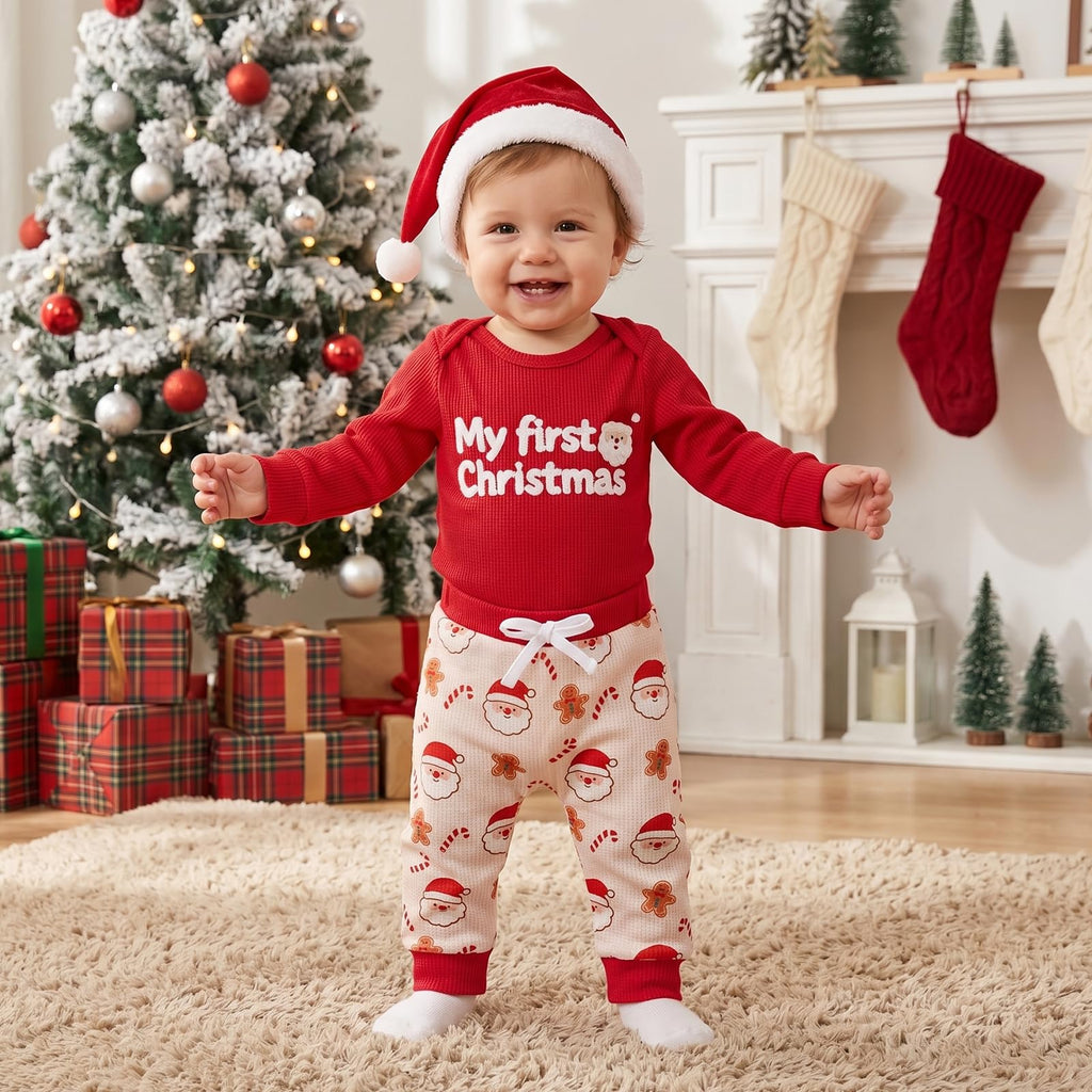 Newborn Baby Boy 3 Piece Waffle Long Sleeve Romper Pants Hat Set N286