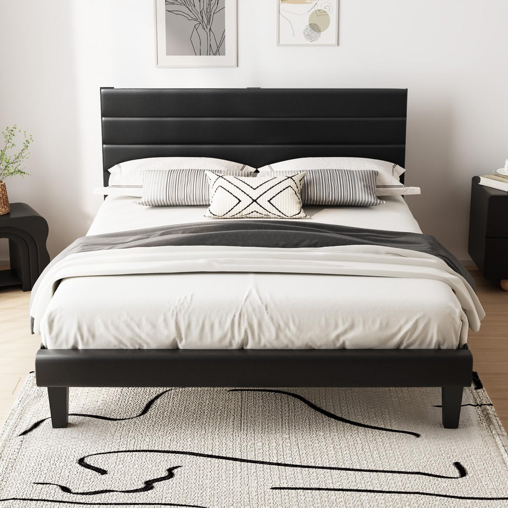 Full Faux Leather Upholstered Platform Bed Frame with Adjustable Headboard F496890