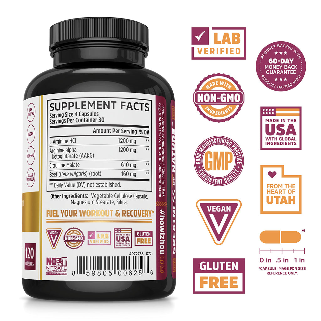 Nitric Oxide Supplement with Beet Root & L Arginine, 120 Veggie Capsules M613