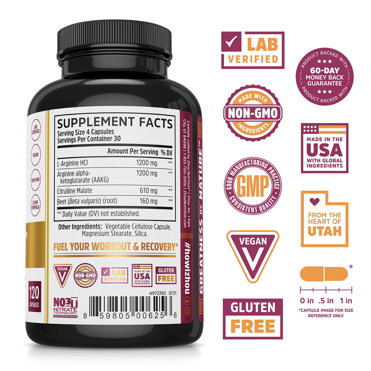 Nitric Oxide Supplement with Beet Root & L Arginine, 120 Veggie Capsules M613