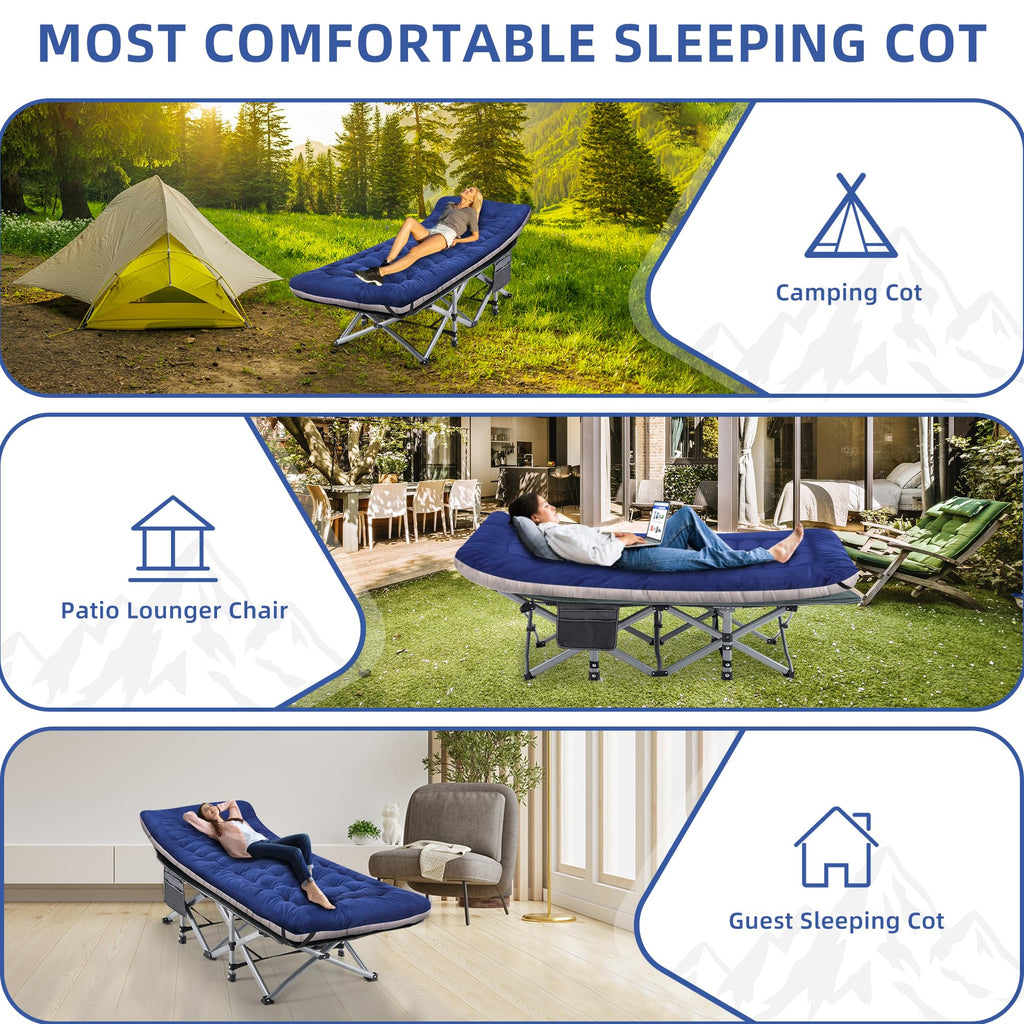 Blue Camping Cot with Cushion, Pillow and Carry Bag U8190