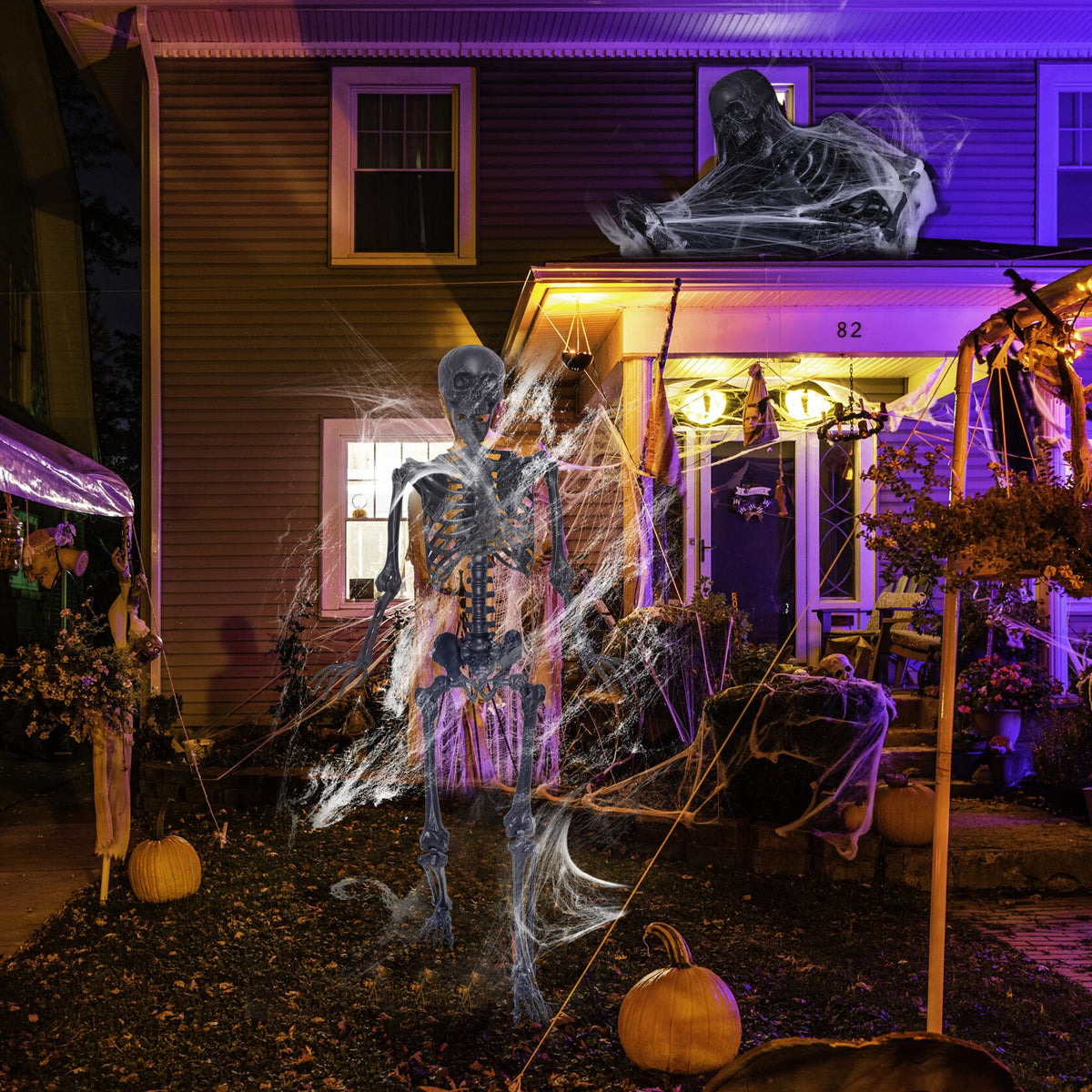 5.4Ft Poseable Skeleton with Spider Webs and Fake Spiders P352